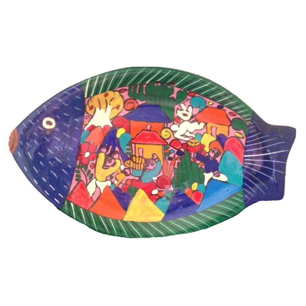 Talavera Mexican Pottery Vintage‎ Fish Plate Wall Hanging Folk Art Village Scene